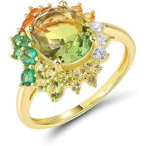 Sunflower-Green Sterling Silver Gemstone Flower Ring for Women